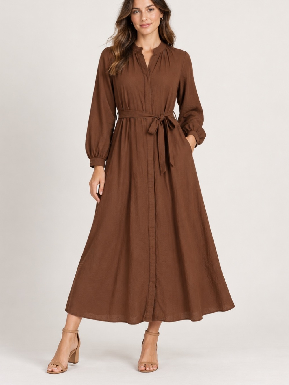 Defacto Modest Artisanal Touch Brown Long Sleeve Tie-Waist Maxi Dress Size 4